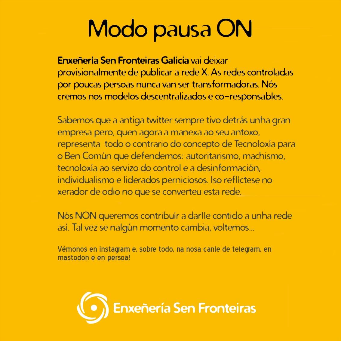 📢Enxeñería Sen Fronteiras Galicia vai deixar provisionalmente de publicar na rede X📢